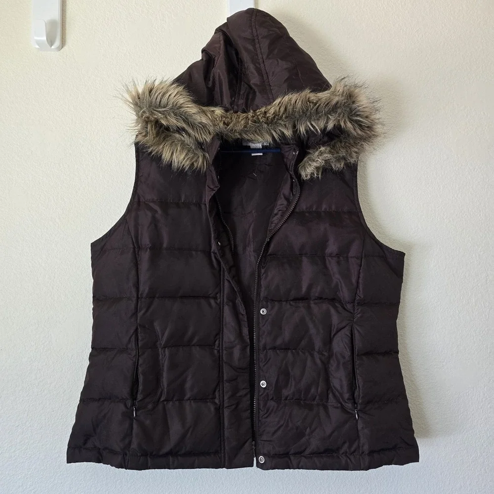 VTG Talbots Goose Down Puffer Vest Brown Full Zip Outdoor Removable Hood Large
